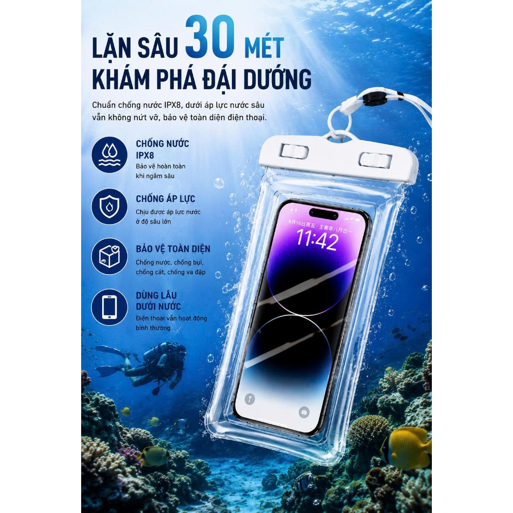 TÚI CHỐNG NƯỚC ĐIỆN THOẠI IPX8 CAO CẤP – BẢO VỆ TOÀN DIỆN KHI ĐI BIỂN, ĐI BƠI
