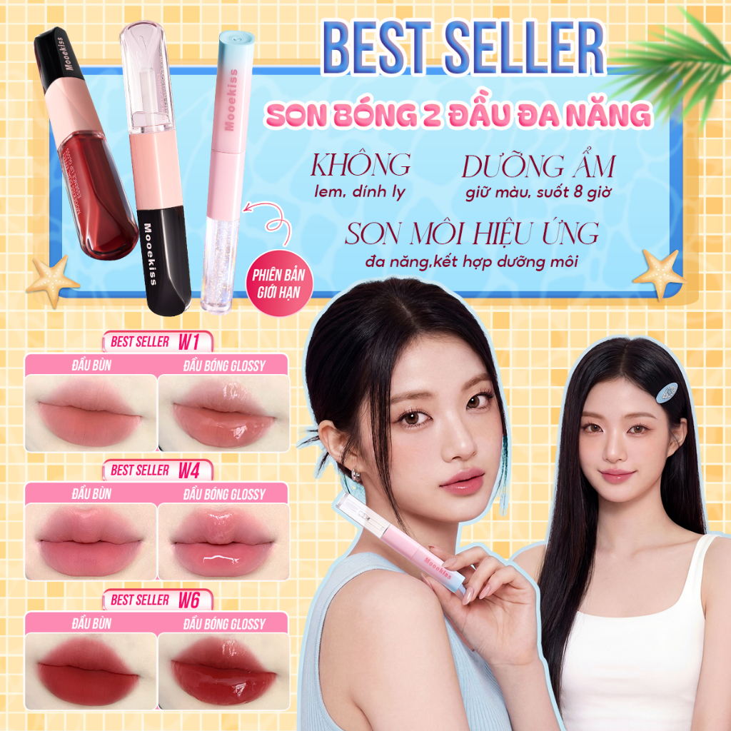 [LIVE] Combo 2 Son môi hai đầu Mooekiss, thiết kế hai đầu, đa năng, mờ và bóng W1 dung tích 1.5gx2