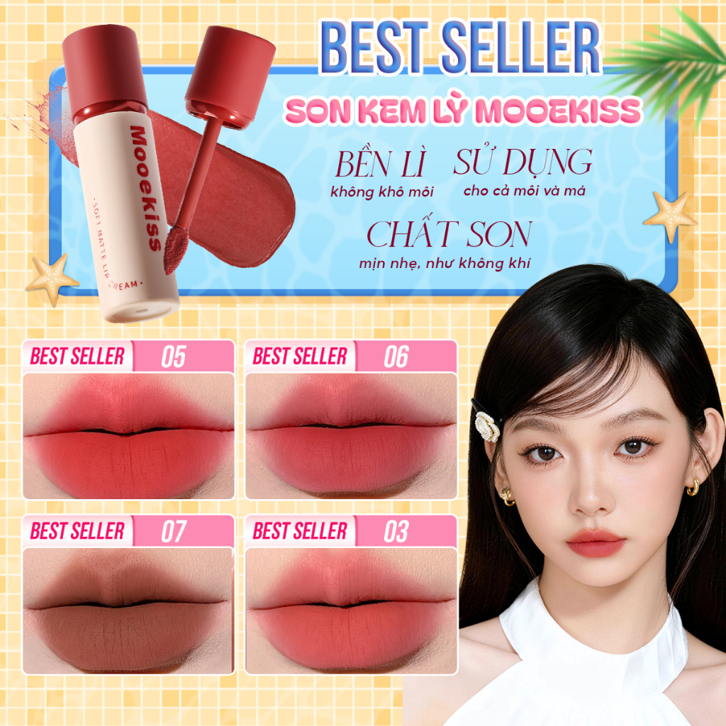 [KOL] Combo 2 Son lì môi Mooekiss màu lì không khô không dính bảng màu hợp nhiều phong cách Red 3gx2