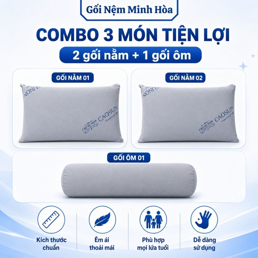 [Combo 3 Gối] Gối Cao Su Non Memory Foam - 2 Gối Nằm 1 Gối Ôm, An Toàn Khi Sử Dụng, Thoáng Mát, Êm Ái