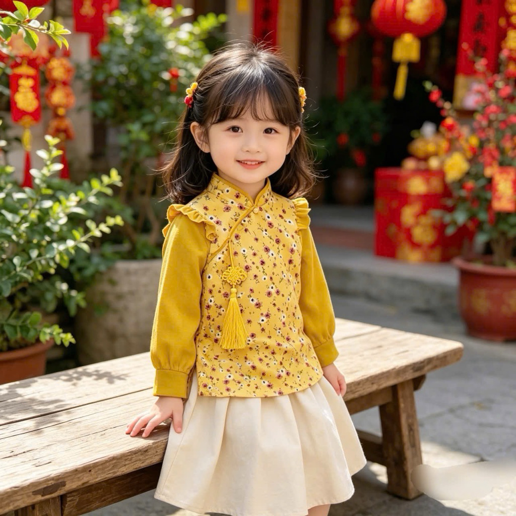 Set áo dài bé gái Bemoo C6789 họa tiết hoa nhí – áo dài trẻ em nữ size 80-130 (9-23kg)