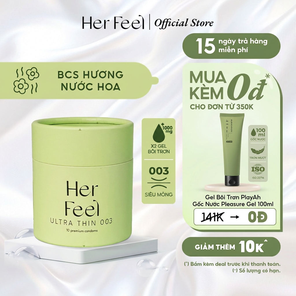 Bao cao su PlayAh Her Feel Ultra Thin 003 Hộp 3/10 Size 52mm Siêu Mỏng Nhiều Gel Cao Cấp