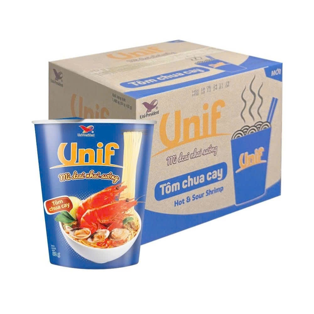 Thùng 24ly mì ăn liền UNIF 4vị (Bò rau thơm, Bò hầm, Tôm chua cay, Lẩu Kim Chi chua cay) 62gr x 24 ly
