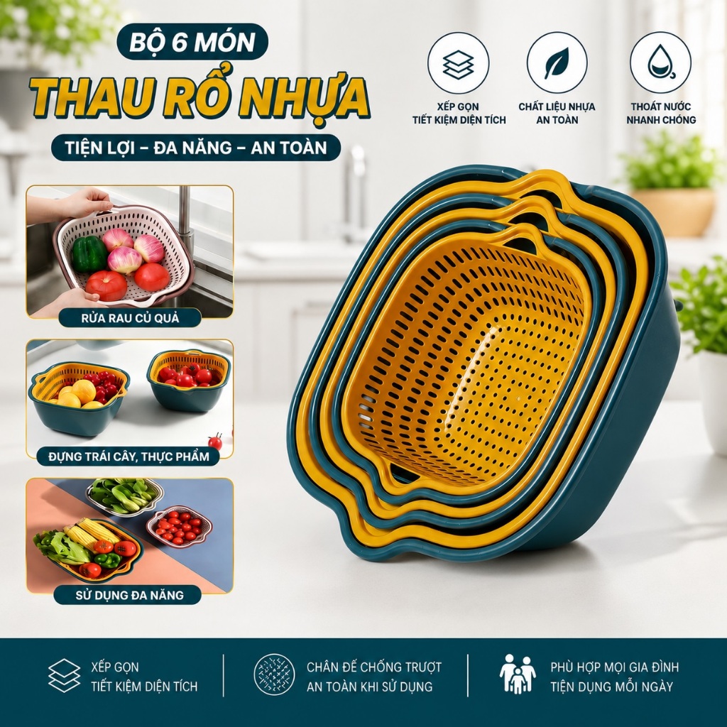 Bộ 6 món rổ nhựa kèm chậu 3 rổ 3 chậu, thoát nước nhanh, tiện dụng cho nhà bếp TRÒN VUÔNG (MÀU XANH VÀNG)