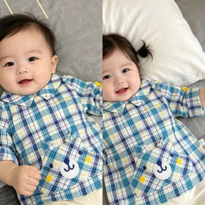 Áo Sơ Mi Kẻ Xanh Họa Tiết Chú Gấu Bé Trai Bé Gái C2537 3-18 Tháng (2-10kg) Hàng Xuất Dư Dễ Thương