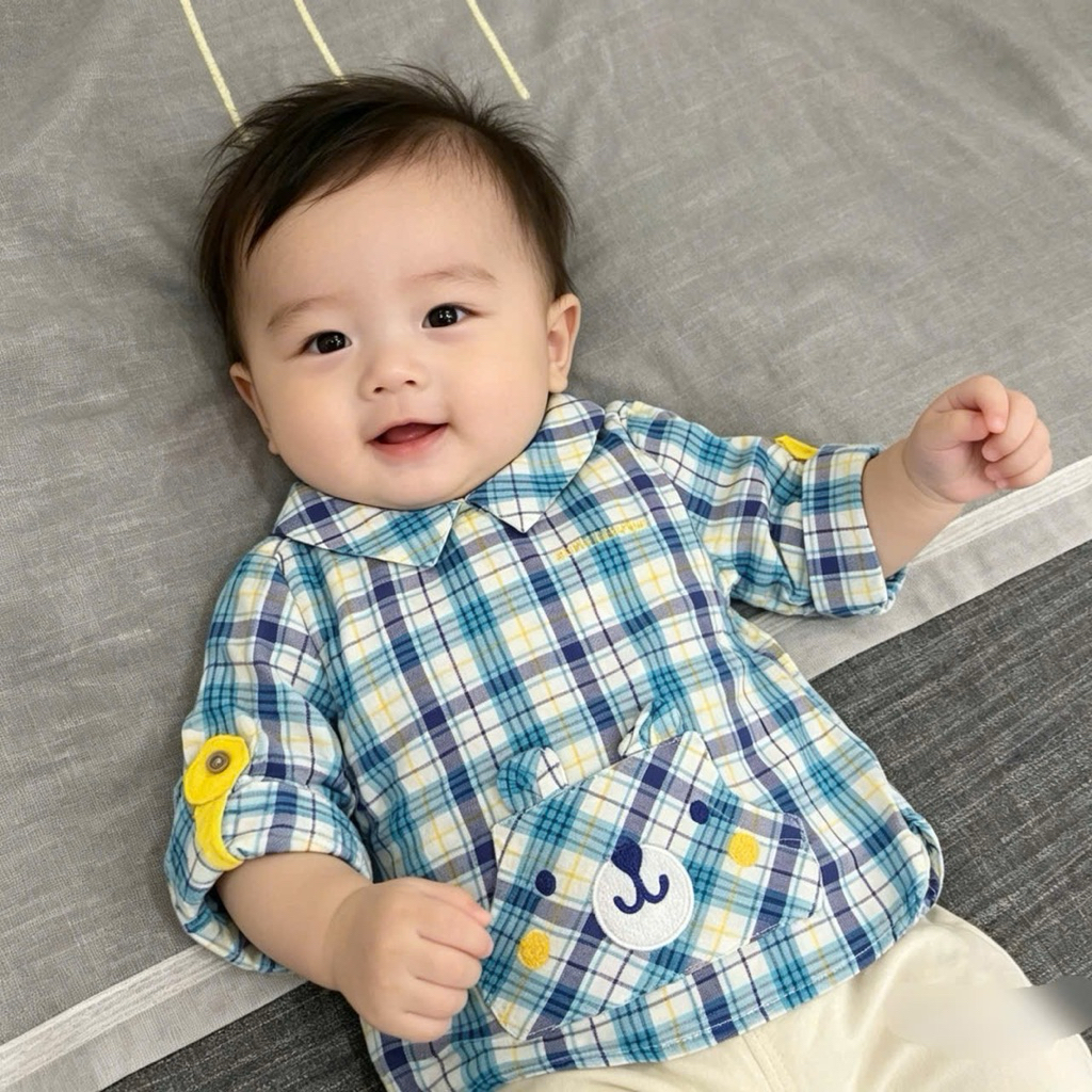 Áo Sơ Mi Kẻ Xanh Họa Tiết Chú Gấu Bé Trai Bé Gái C2537 3-18 Tháng (2-10kg) Hàng Xuất Dư Dễ Thương