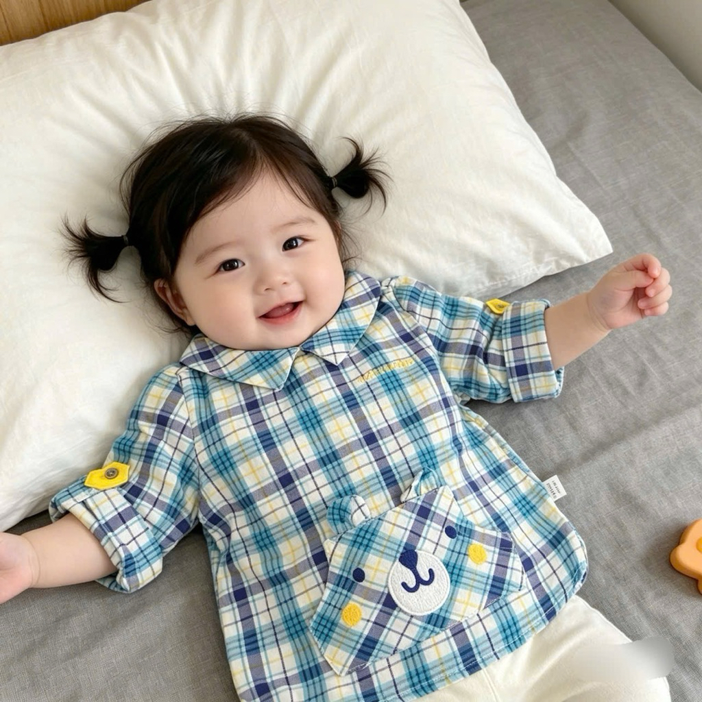 Áo Sơ Mi Kẻ Xanh Họa Tiết Chú Gấu Bé Trai Bé Gái C2537 3-18 Tháng (2-10kg) Hàng Xuất Dư Dễ Thương