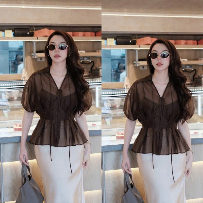 ZIMM STORE-Set áo tơ hai lớp tay bồng phối chân váy lụa suông dài