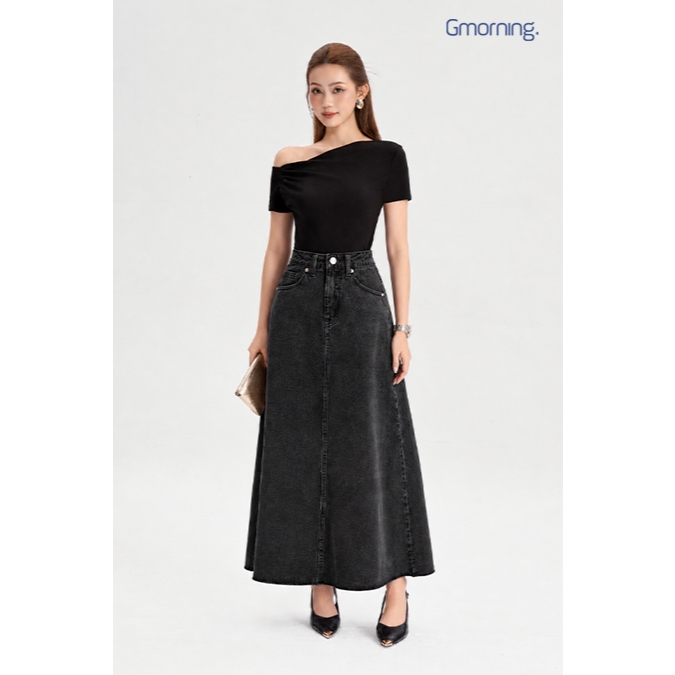 Chân Váy Jeans Dài Nữ GUMAC Form A Xòe Wash Xanh Nhạt Cạp Cao Lai Cắt Casual Dễ Phối Đồ YVJG03036