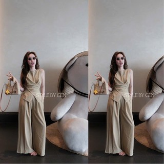 Bộ sát nách cổ tròn vạt chéo thắt nơ lệch kèm quần suông ống rộng