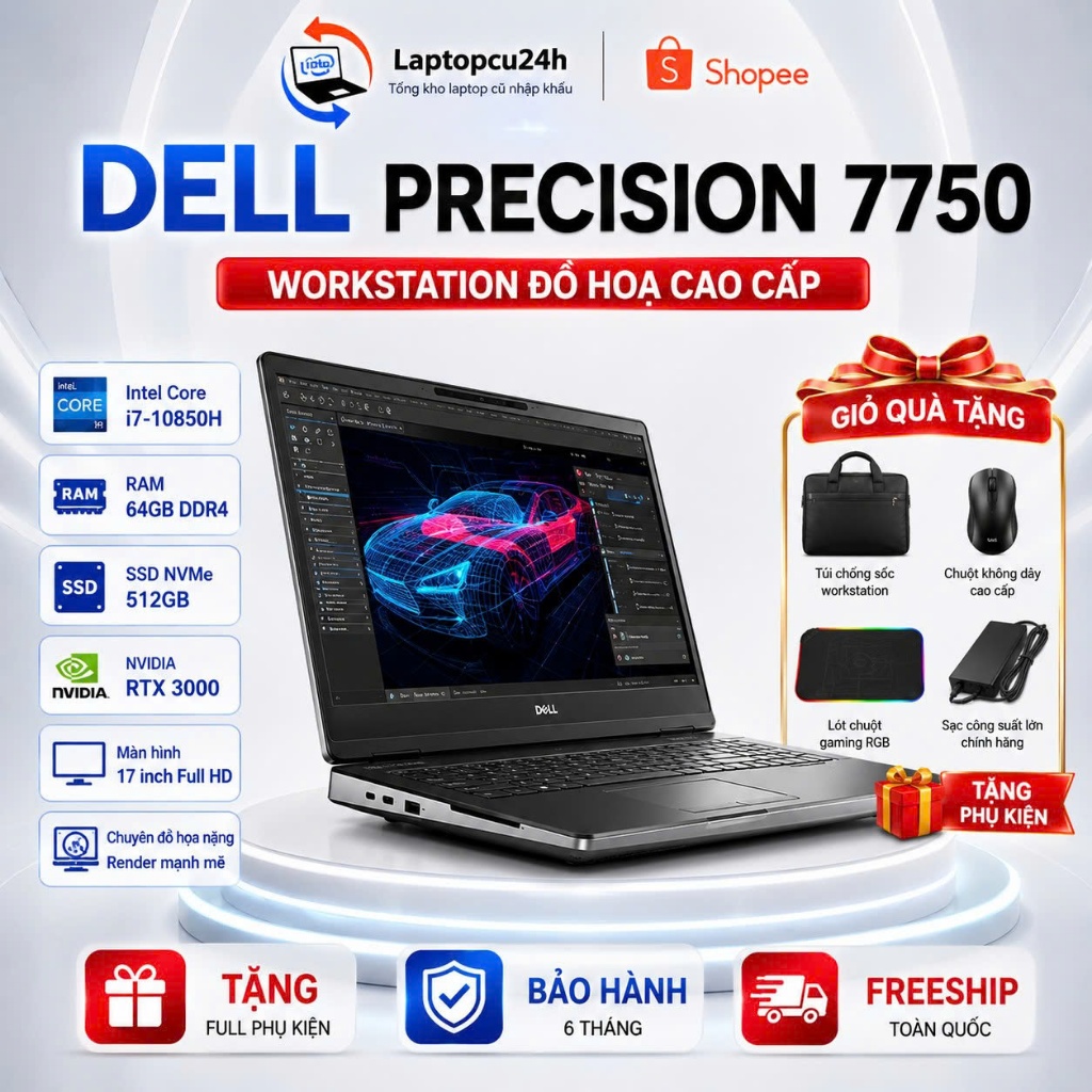 Dell Precision 7750 I7-10850H Ram 64G Vga RTX3000 512G Màn 17 inch Chuyên Đồ Hoạ Nặng