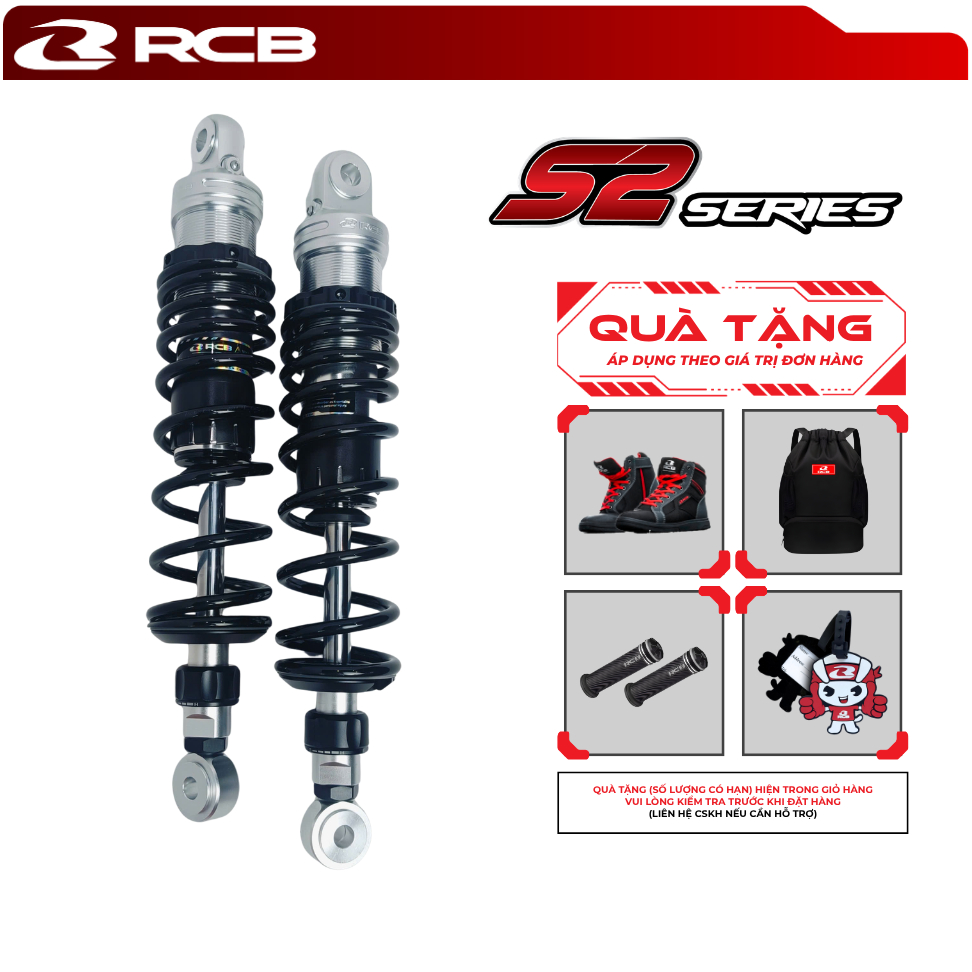 Phuộc Đôi RCB S2 Series – Ty 14mm Piston 335mm – Dành Cho Wave Và Các Dòng Xe Số Phuộc Đôi 335mm