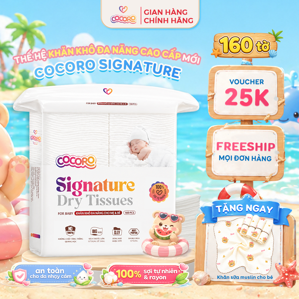 Khăn Khô Đa Năng Cocoro 160 Tờ Cao Cấp Cho Bé Signature - Tiệt Trùng Từng Tờ, Siêu Mềm, Không Xơ Vải