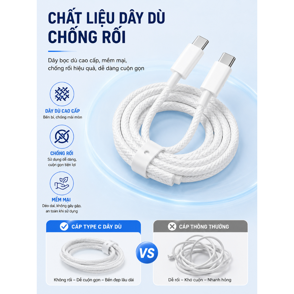 Cáp sạc Type-C dây dù 1m – Sạc nhanh, chịu lực tốt, không nóng máy