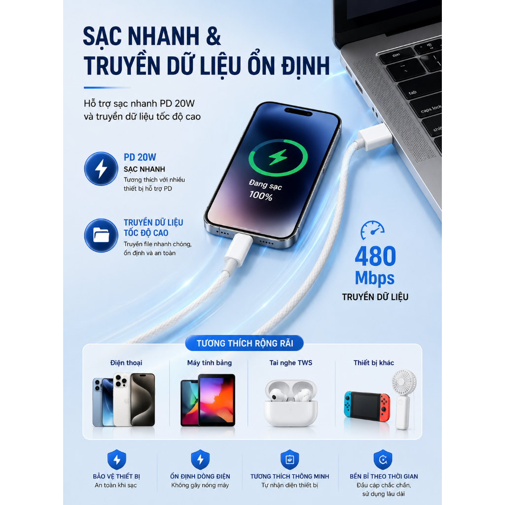 Cáp sạc Type-C dây dù 1m – Sạc nhanh, chịu lực tốt, không nóng máy