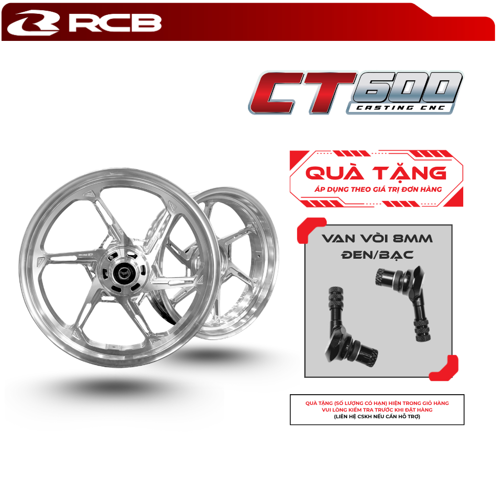 (Tặng kèm Van Vòi 8mm) Mâm RCB CNC CT600 Cho SH350i – 6 Cây Xéo – Kích Thước F275x16 R350x16