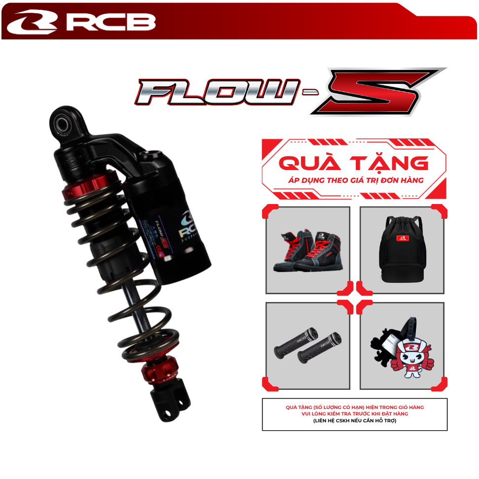 Phuộc Đơn RCB FLOW-S 330mm/340mm cho Vario/Click125-150/Vision Có Rebound, Điều Chỉnh Lò Xo