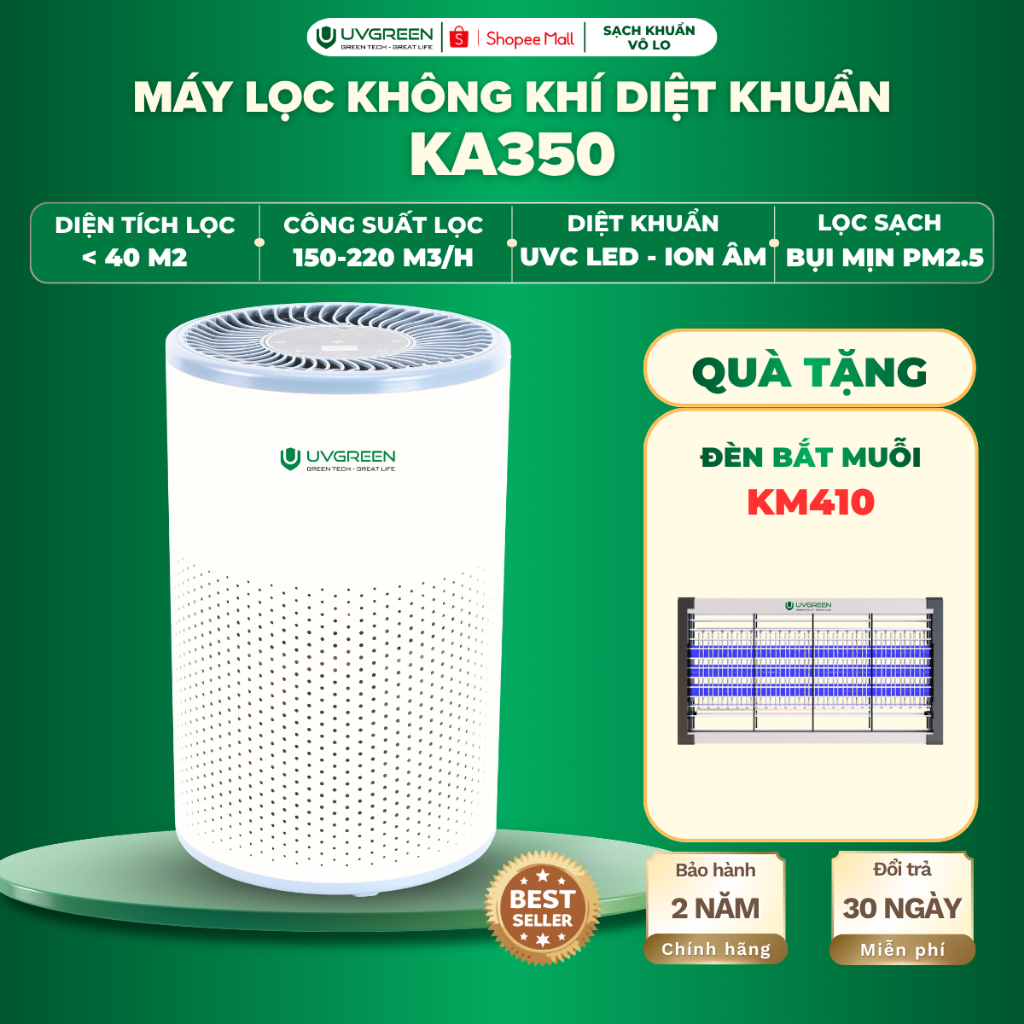 [TẶNG BẮT MUỖI] Máy Lọc Không Khí Diệt Khuẩn UVGREEN KA350 40m2, UVC ...