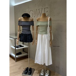 𝐏𝐡𝐢𝐞𝐧 𝐖𝐆𝐖𝐄 | (Sẵn) w9733 Áo thun Trễ Vai Kẻ Ngang Nhỏ 3 Màu