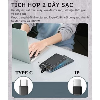 Sạc Dự Phòng 30.000mah -Công suất tối đa 120W, Tích hợp 2 Dây Sẵn, Sạc Liên Tục 4 Lần Cho IP14promax