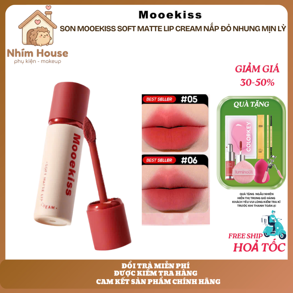 Son MOOEKISS Soft Matte Lip Cream (Nắp Đỏ) nhung mịn lỳ 3g | NHÍM HOUSE