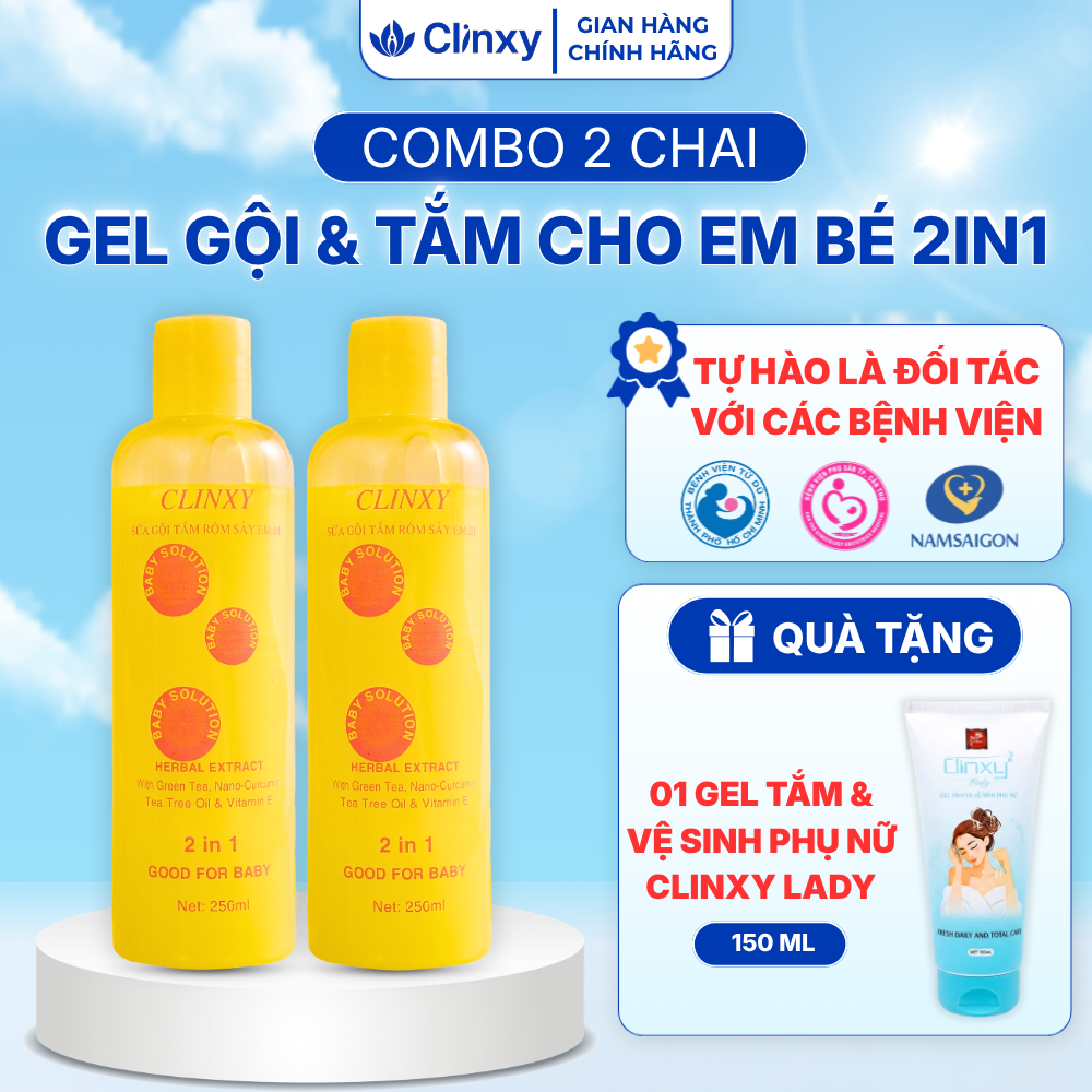 (Combo 2 Chai) Sữa Tắm Cho Bé Clinxy Dòng TIêu Chuẩn, Gel Tắm Gội Hỗ Trợ Ngừa Rôm Sảy (250ml)