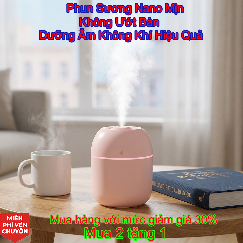 Máy Tạo Độ Ẩm Mini 220ml, Hoạt Động Im Lặng, Phun Sương Nano, Đèn Ngủ, USB Sạc, Dành Cho Phòng Ngủ & Văn Phòng
