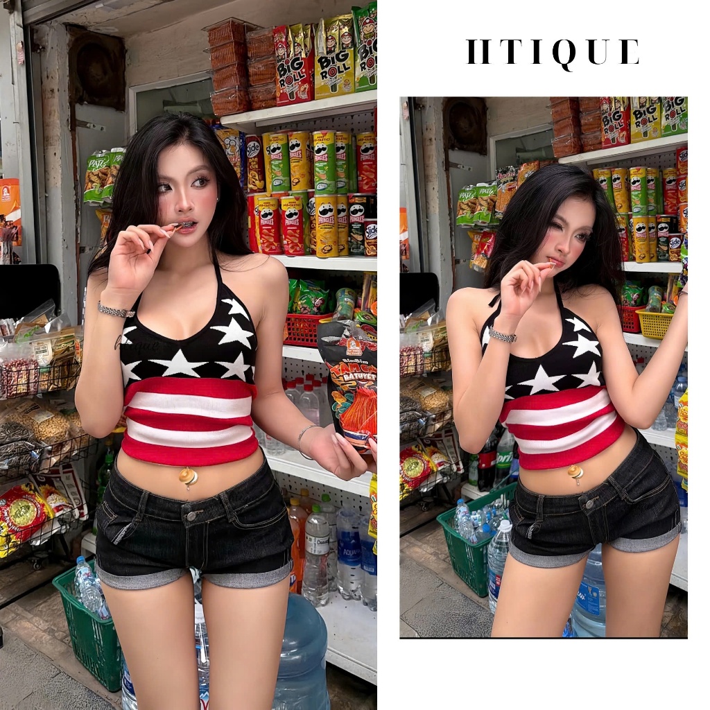 HTIQUE -Áo yếm len họa tiết ngôi sao phối sọc phong cách Y2K, Áo len dệt kim halter knit họa tiết star ôm dáng AQ08
