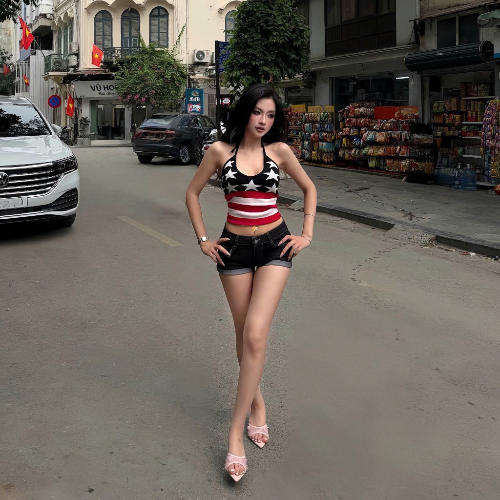 HTIQUE -Áo yếm len họa tiết ngôi sao phối sọc phong cách Y2K, Áo len dệt kim halter knit họa tiết star ôm dáng AQ08