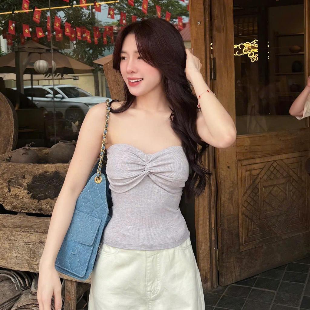 Áo Quây Nữ Xoắn Trước Ngực Màu Pastel Chất Tăm Cotton Dệt Sợi Muối Tiêu Ôm Body Co Giãn Thoáng Mát Nhẹ Tênh – A049