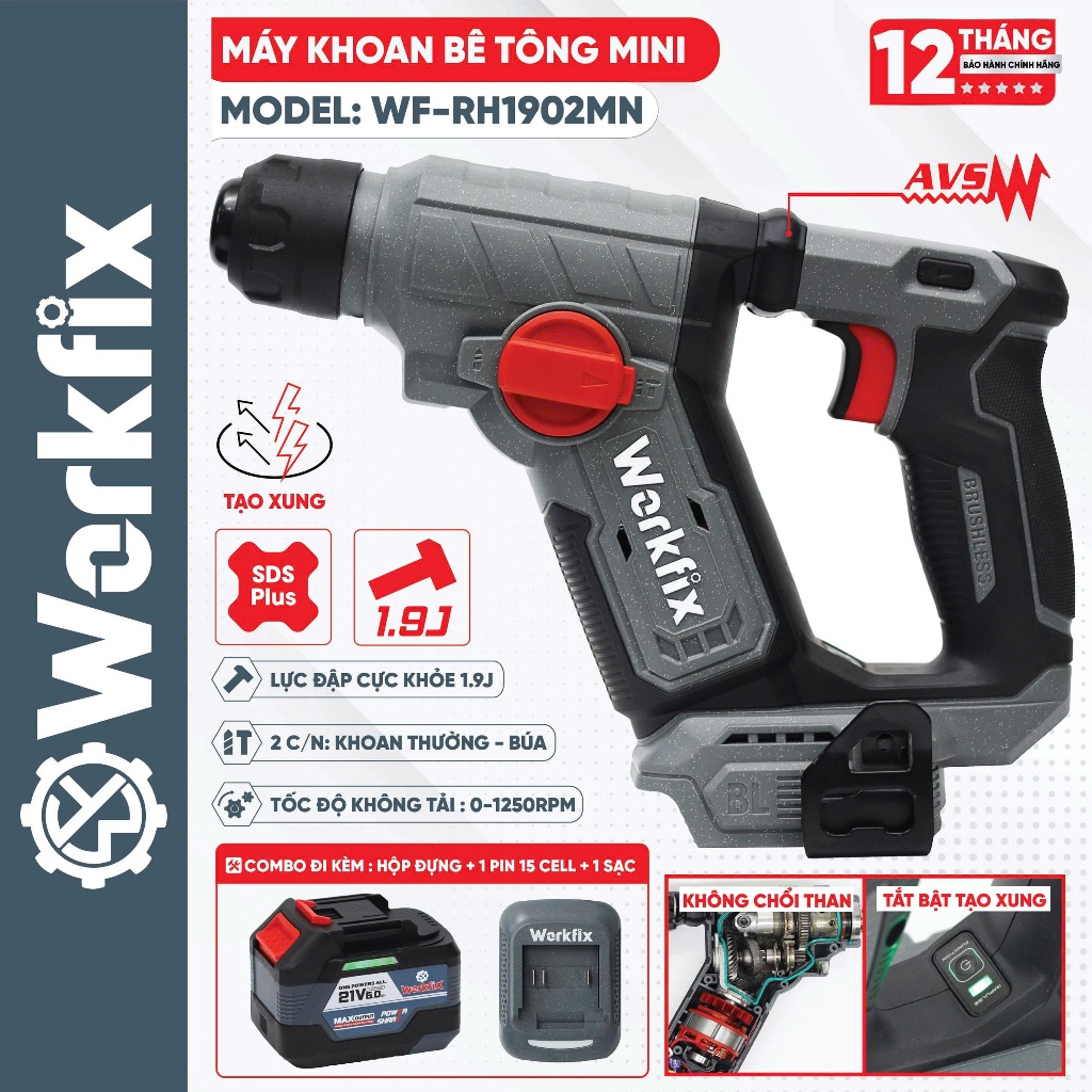 Máy khoan bê tông pin mini WORKFIX WF-RH1902MN, Lực búa 1.9j - Chống rung AVS - Không chổi than