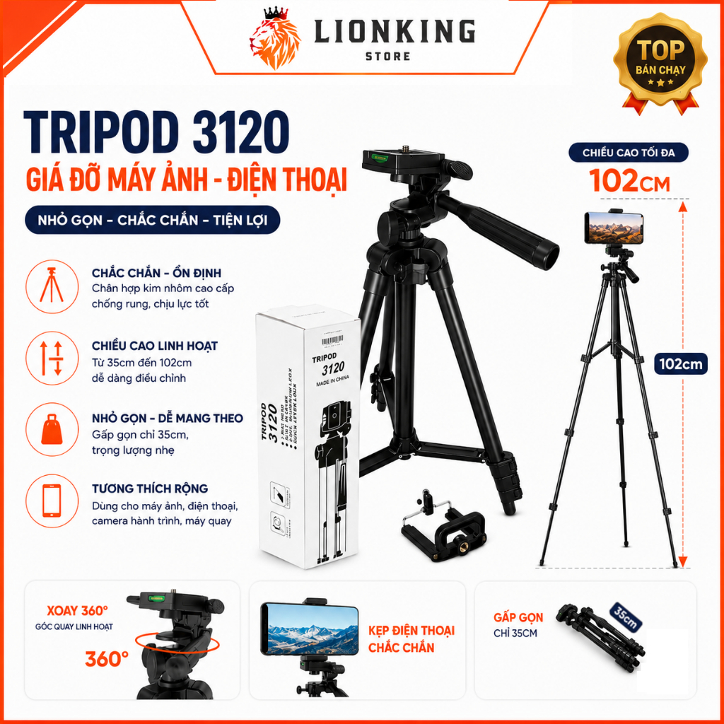 Giá đỡ chụp ảnh điện thoại tripod 3 chân 3110, 3120 kết hợp remote tương thích với nhiều dòng máy