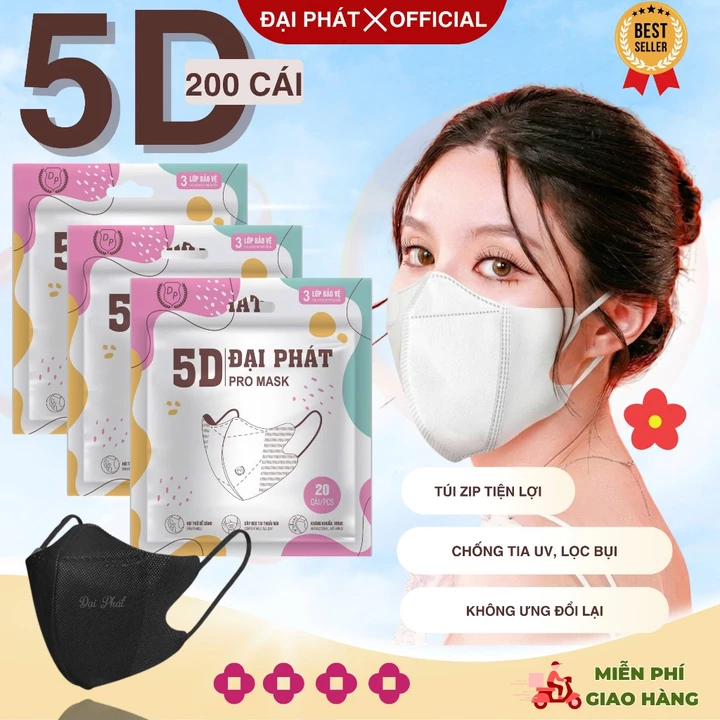 Combo Khẩu Trang 5D Đại Phát Chống Tia UV - Khẩu Trang 3 Lớp Kháng Khuẩn Cao Cấp - Chống Giọt Bắn