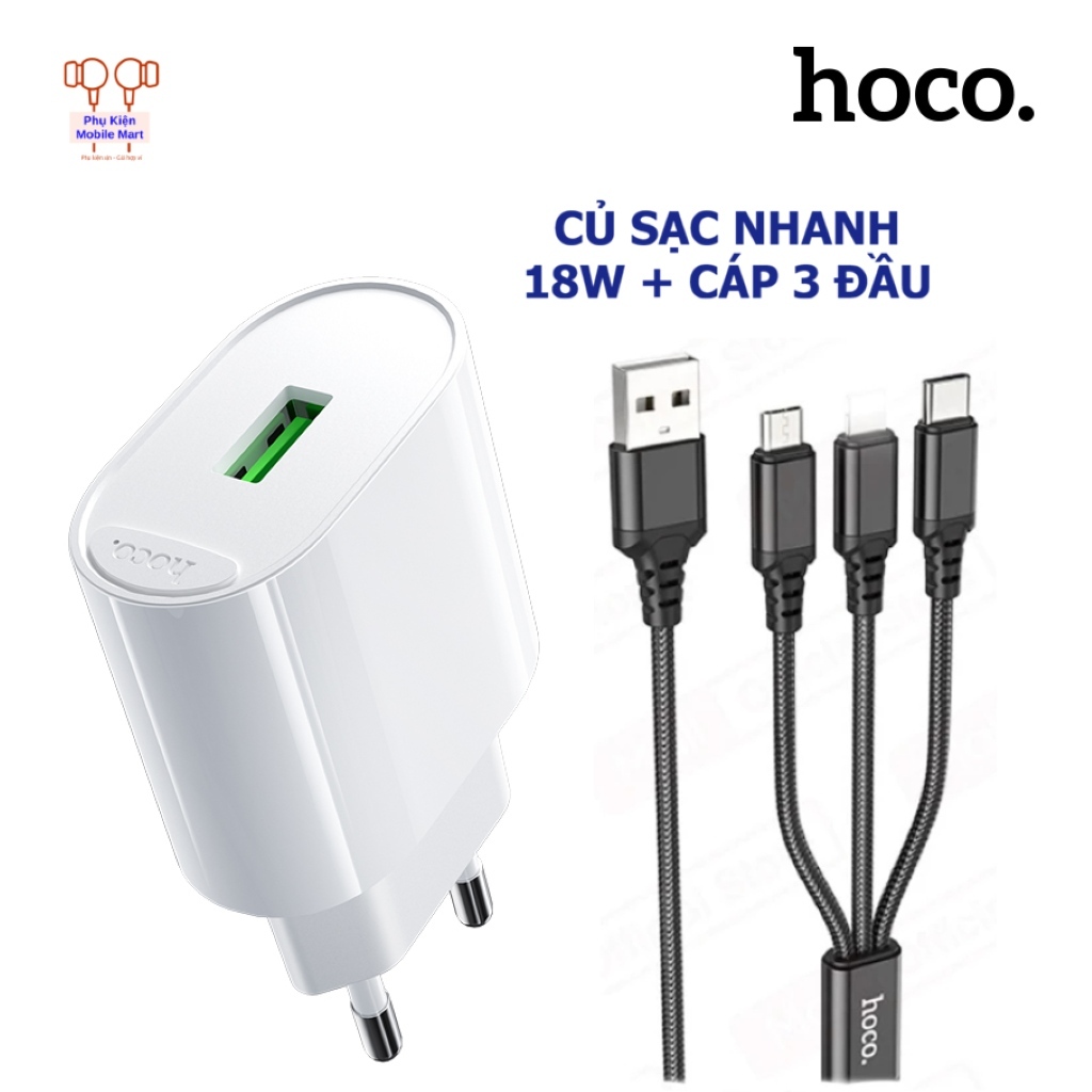 Củ Sạc Nhanh 18W HOCO Kèm Cáp 3 Đầu / Type C / Micro – Sạc USB QC3.0 Cho Android Và Các Dòng ĐT