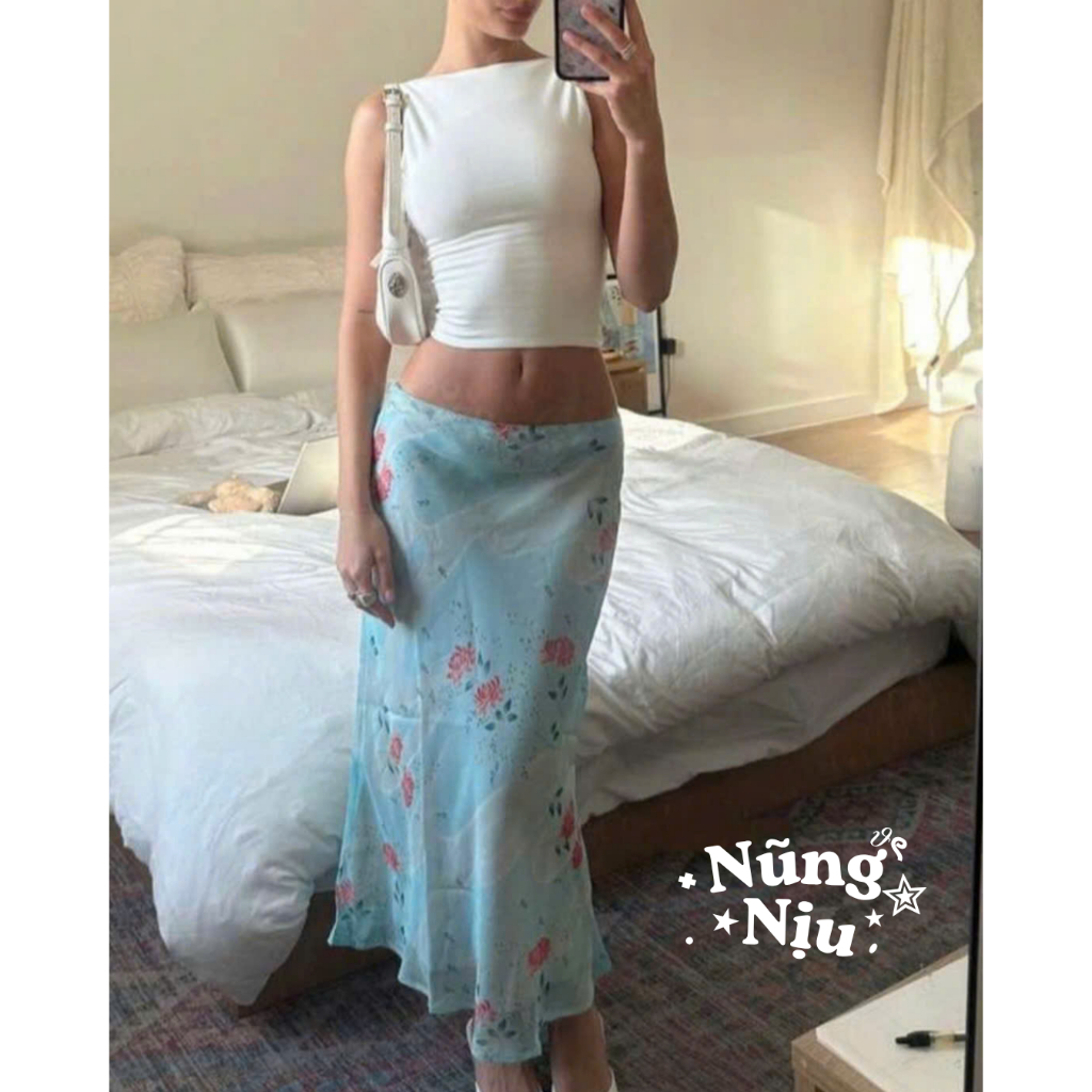 [ORDER 8-9 NGÀY] Chân Váy Midi Skirt Hoạ Tiết Hoa Màu Xanh Bích