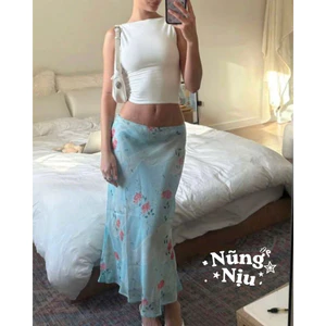 Chân Váy Midi Skirt Hoạ Tiết Hoa Màu Xanh Bích