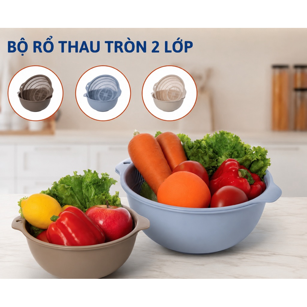 Bộ 3 Chậu Rổ Nhựa PP Cao Cấp Đa Năng – Rổ Rửa Rau, Vo Gạo, Đựng Thực Phẩm Tiện Lợi