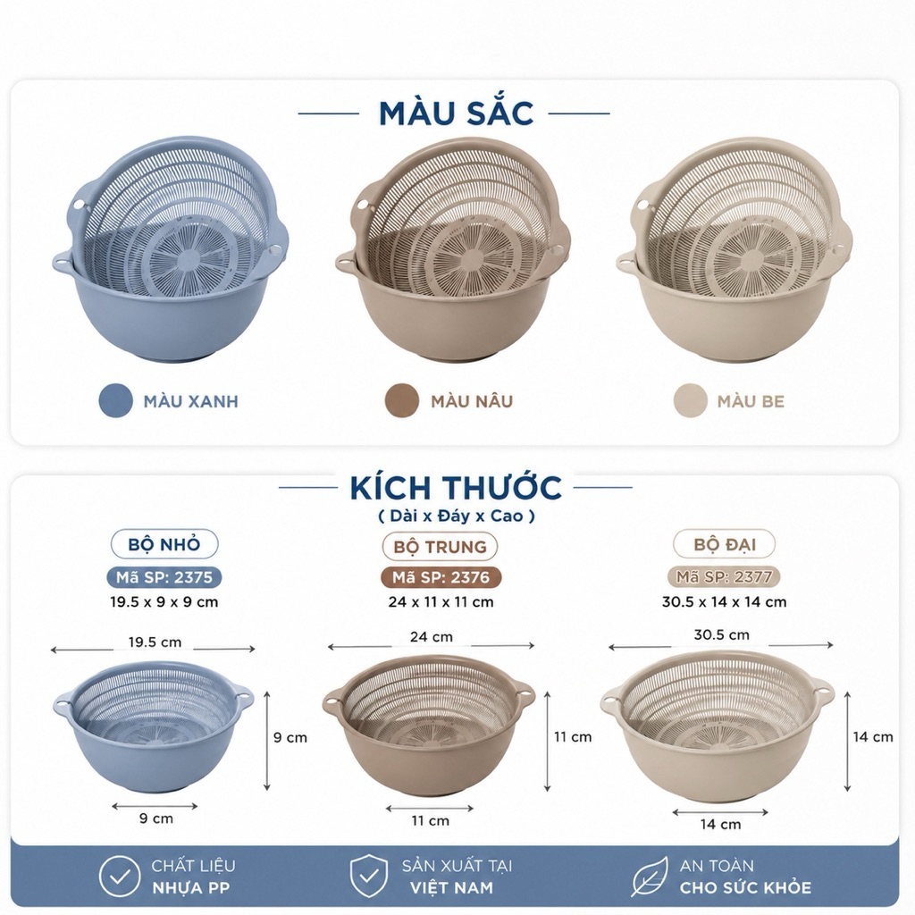 Bộ 3 Chậu Rổ Nhựa PP Cao Cấp Đa Năng – Rổ Rửa Rau, Vo Gạo, Đựng Thực Phẩm Tiện Lợi