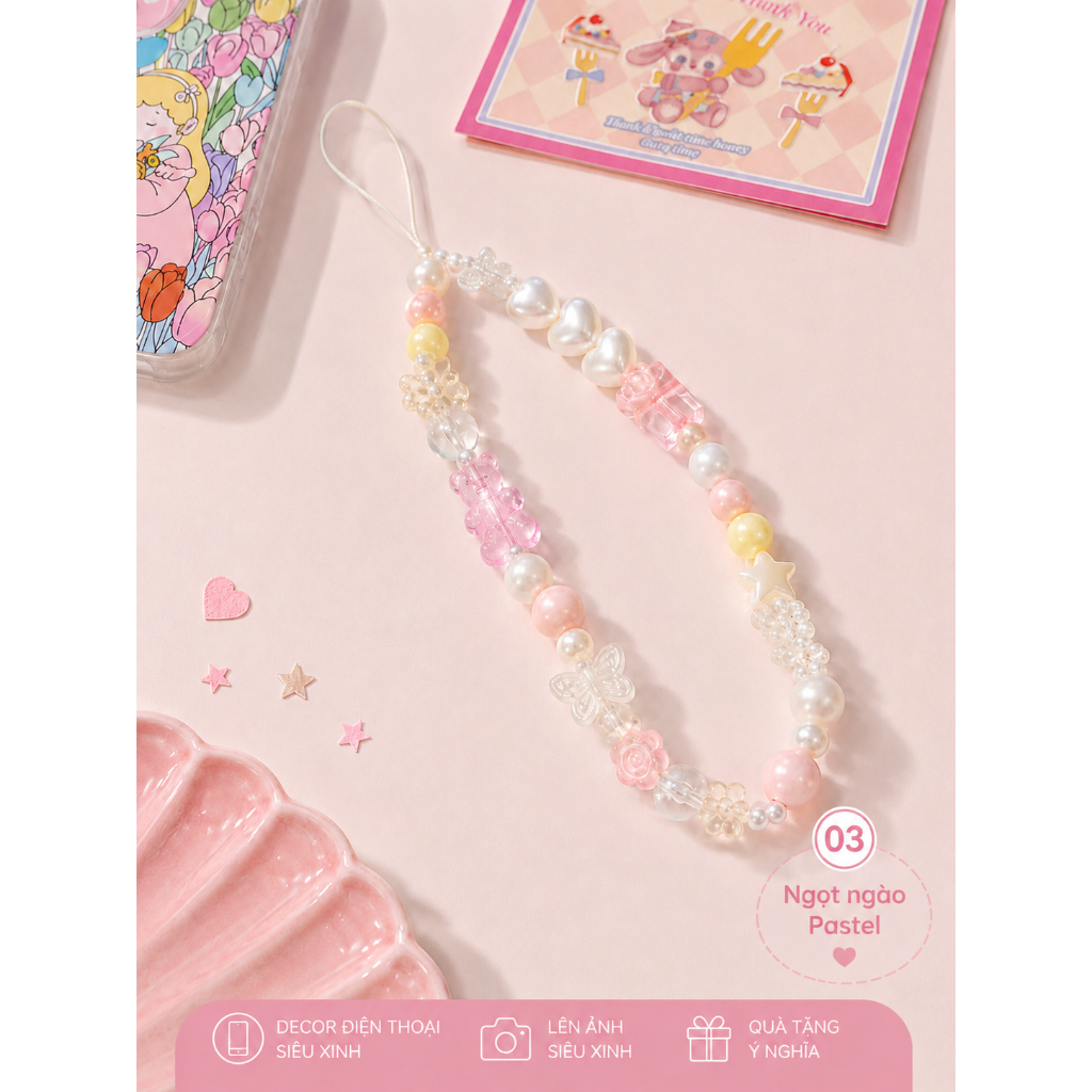 Dây Đeo Điện Thoại Handmade Hạt Charm Pastel Cute – Phụ Kiện Trang Trí Điện Thoại Aesthetic Siêu Xinh