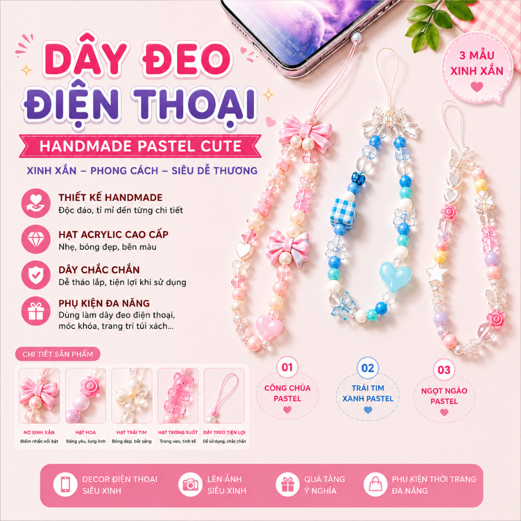 Dây Đeo Điện Thoại Handmade Hạt Charm Pastel Cute – Phụ Kiện Trang Trí Điện Thoại Aesthetic Siêu Xinh