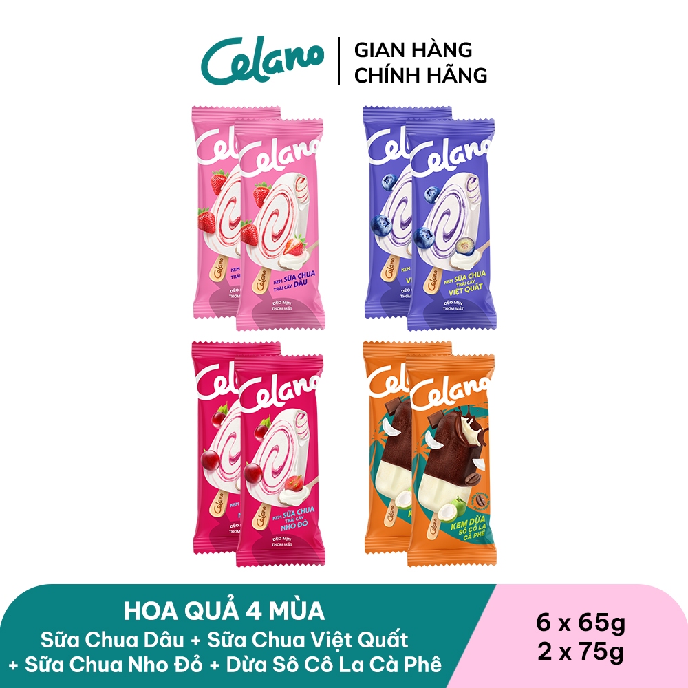 [Hỏa tốc HN/HCM] Combo kem que CELANO HOA QUẢ BỐN MÙA vị: Sữa chua dâu, Sữa chua việt quất, Sữa chua nho đỏ, Dừa Socola