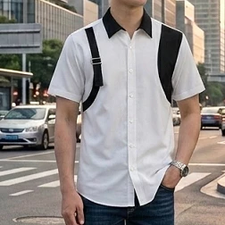 45-90kg Áo Sơ Mi Nam ngắn Tay, Vải kate lụa, co dãn nhẹ, độ dày vừa phải, Vạt dây bên vai