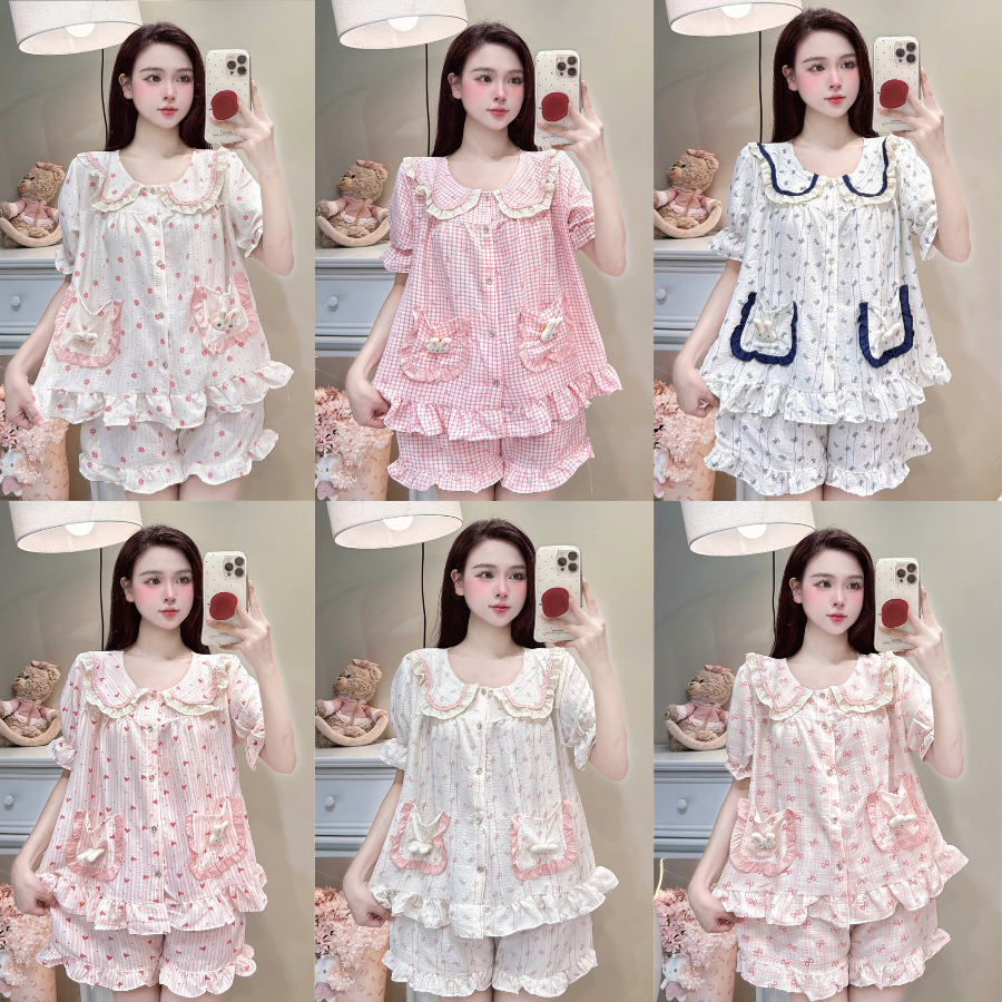 [MẪU HÈ] Bộ Đồ Ngủ Nữ JUSOKA Pijama Cổ Phối Nơ Chất Đũi Hàn Siêu Xinh DU50 Nhiều Họa Tiết Dễ Thương