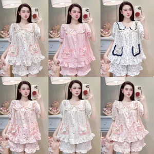 Bộ Đồ Ngủ Nữ JUSOKA Pijama DU50 Cổ Phối Nơ Chất Đũi Hàn Siêu Xinh Nhiều Họa Tiết Cho Nữ