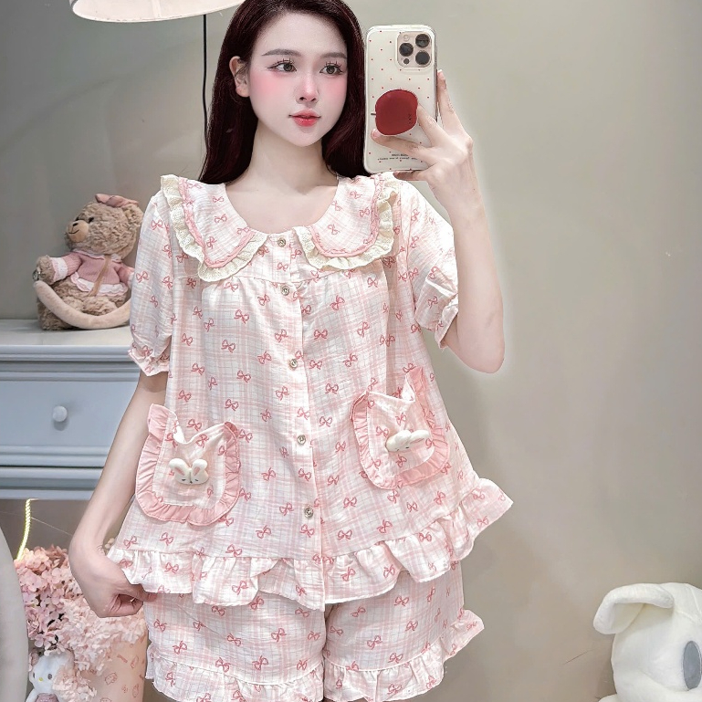 [MẪU HÈ] Bộ Đồ Ngủ Nữ JUSOKA Pijama Cổ Phối Nơ Chất Đũi Hàn Siêu Xinh DU50 Nhiều Họa Tiết Dễ Thương