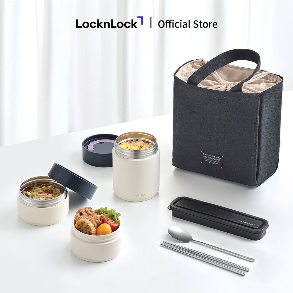 Bộ Hộp Cơm Giữ Nhiệt LocknLock All-Fit Lunch Box LHC8014IVY 1020ml, Kèm Túi và Muỗng Đũa - K-MALL