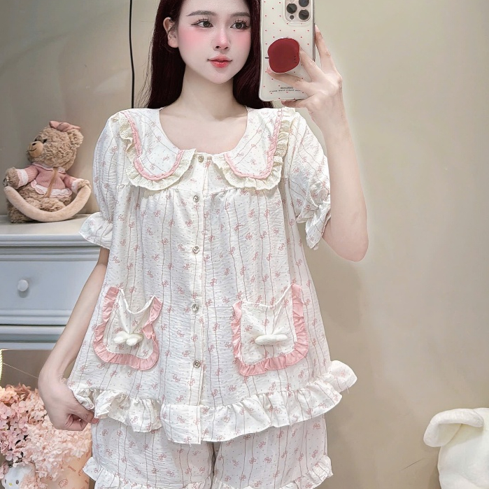 [MẪU HÈ] Bộ Đồ Ngủ Nữ JUSOKA Pijama Cổ Phối Nơ Chất Đũi Hàn Siêu Xinh DU50 Nhiều Họa Tiết Dễ Thương