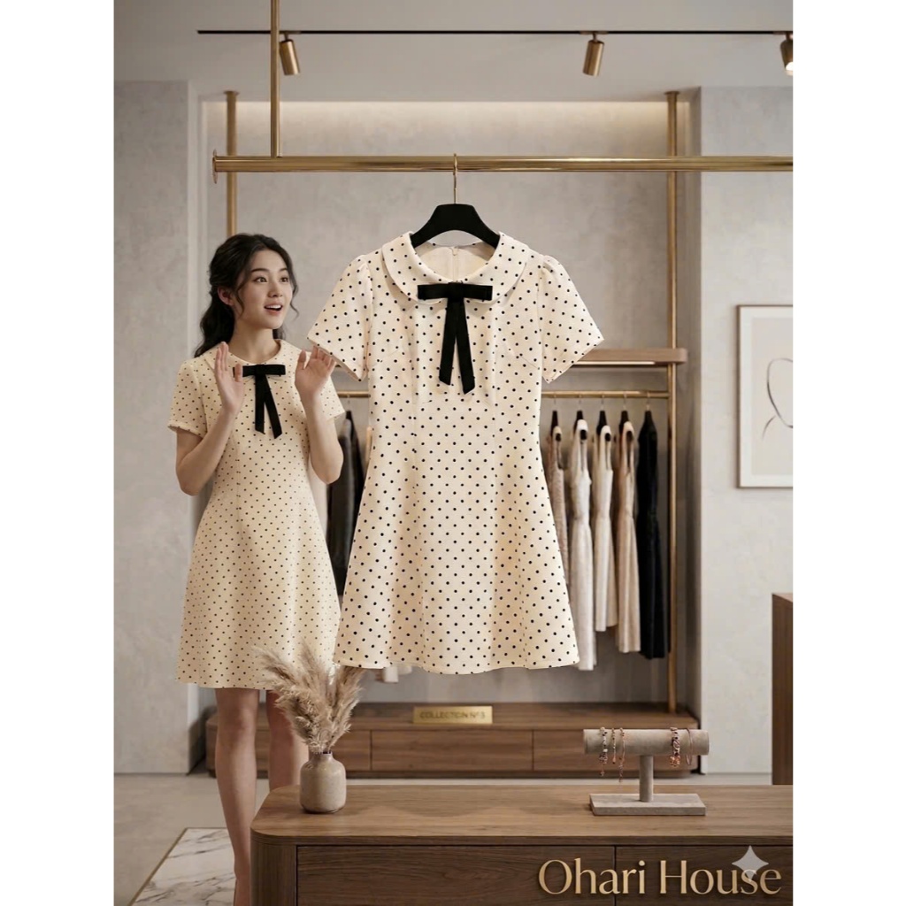 Ohari House Váy ngắn tay cổ sen đính nơ họa tiết chấm bi chiết eo nhẹ nhàng dáng xòe