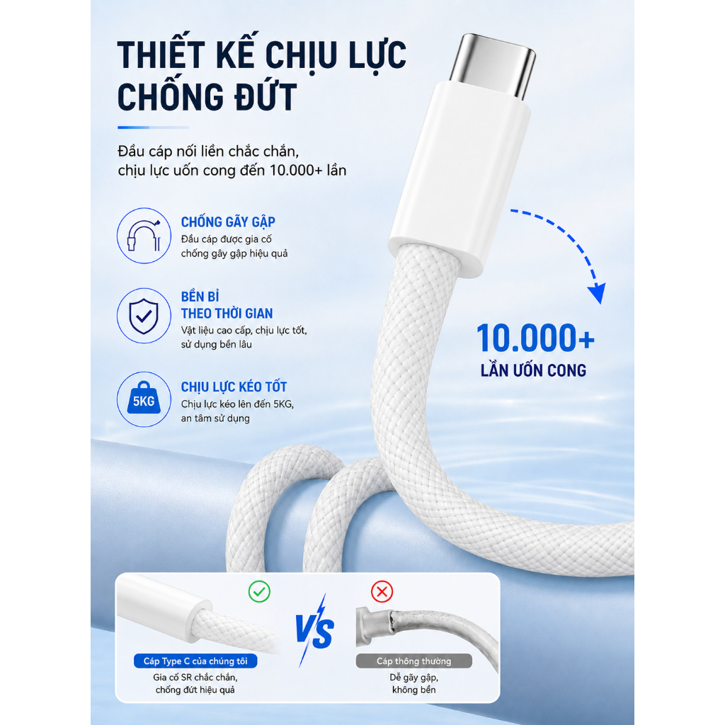 Cáp sạc Type-C dây dù 1m – Sạc nhanh, chịu lực tốt, không nóng máy