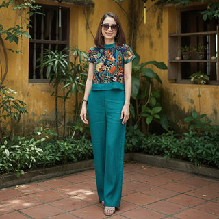 Bộ nữ LION, Set bộ nữ thiết kế áo in hoạ tiết sang trọng, quần lưng thun phía sau, chất vải đũi xước Nhật cao cấp